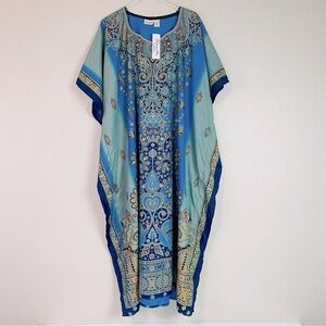 Sante Classic Black/Gold/ Blue New Foil Long Kaftan OS